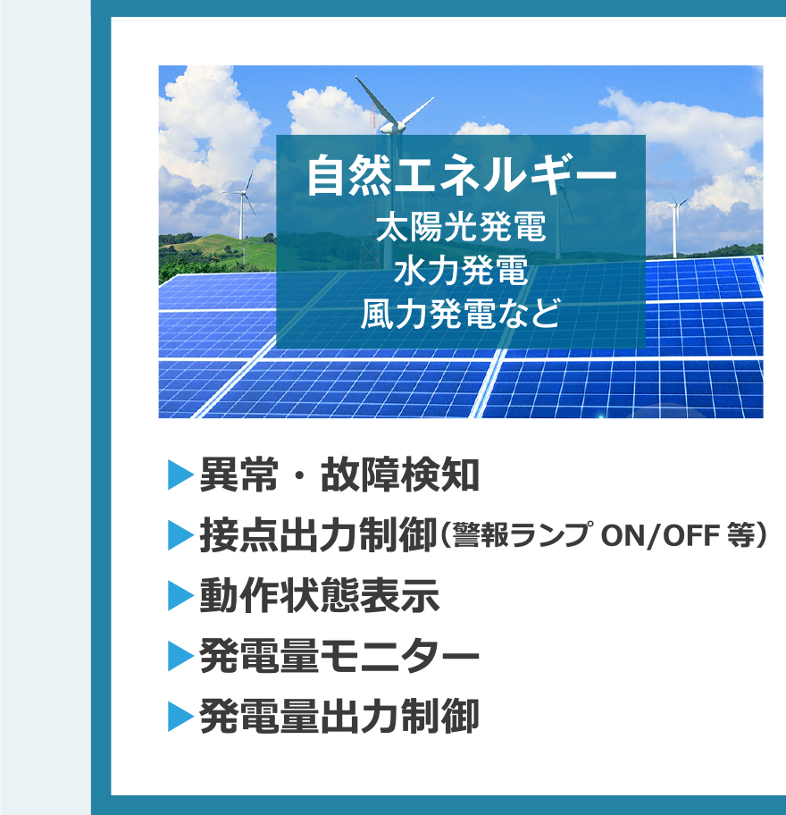 自然エネルギ（太陽光発電・水力発電・風力発電など）／異常・故障検知・接点出力制御（警報ランプ ON/OFF等）・動作状態表示・発電量モニター・発電量出力制御